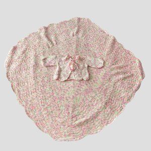 Handmade Knitted Crochet Baby Girl Round Blanket & Matching Cardigan Sweater